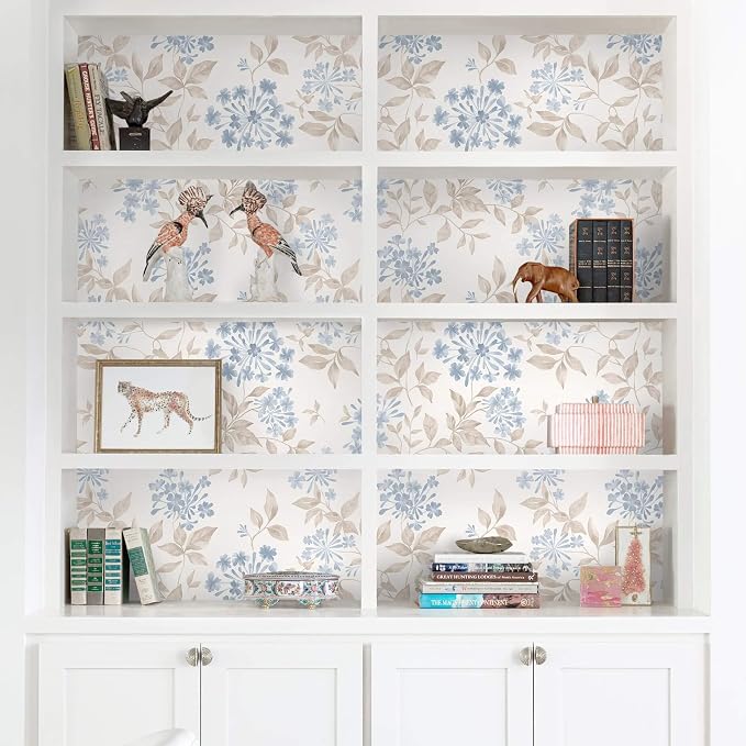 Heroad Boho Floral Wallpaper Blue/Beige Peel and Stick Wallpaper Neutral Leaf Contact Paper Removable Self Adhesive Wall Paper for Cabinet Bedroom Bathroom Waterproof Decor Vinyl Roll 17.3''x78.7'' - Image 7