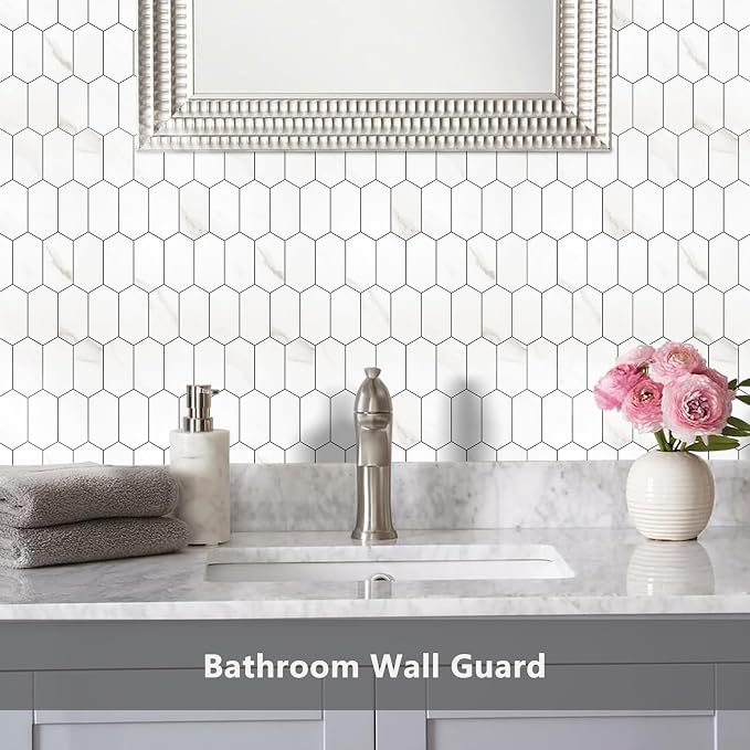 Vamos Tile Long Hexagon Peel and Stick Backsplash Tile - 10 Sheets Stick on Backsplash for Kitchen and Bathroom 12.4 x 12 Inch White Marble Look PVC Self Adhesive Mosaic Wall Tiles - Image 6