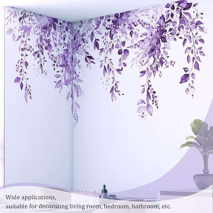 Purple Plants Leaves Wall Decals Peel and Stick, Large Floral Flowers Wall Stickers, Removable Vine Home Decor Art for Bedroom Living Room Classroom Office - Image 4