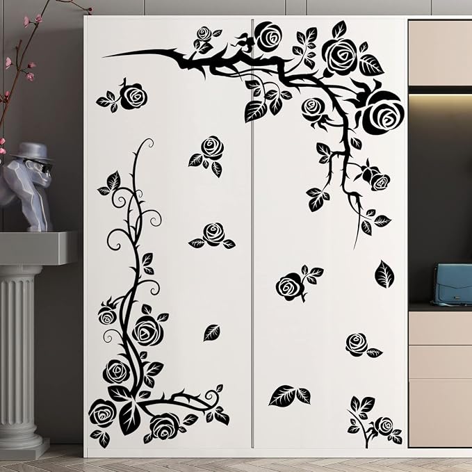 Amaonm Creative 3D Black Vinyl Flowers Wall Stickers - Removable DIY Flower Vine Wall Decals for Roses & Leaves Decor - Image 7