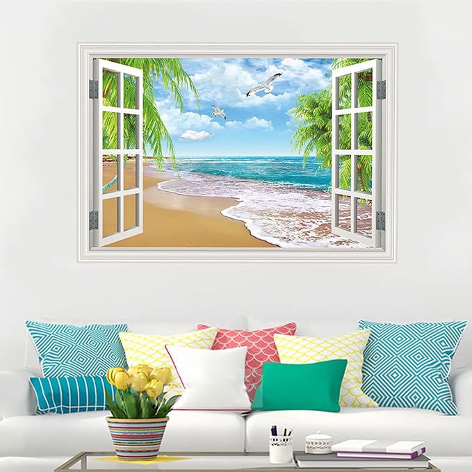 Fake Window Wall Decal- Summer Beach Ocean Coconut Trees Open Wall Sticker | Faux Window Natural Scenery Landscape Art Mural｜Stick and Peel Wall Decals｜for Room Bedroom Office Scene Picture Decor｜24"x16 - Image 2