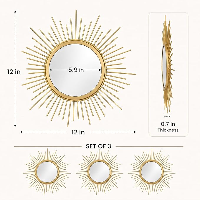 Gold Sunburst Mirror Set of 3, 3PCS Metal Round Decorative Wall Mirrors, Starburst Accent Mirror Wall Decor for Living Room, Bedroom, Entryway, Hallway & Bathroom - Image 2