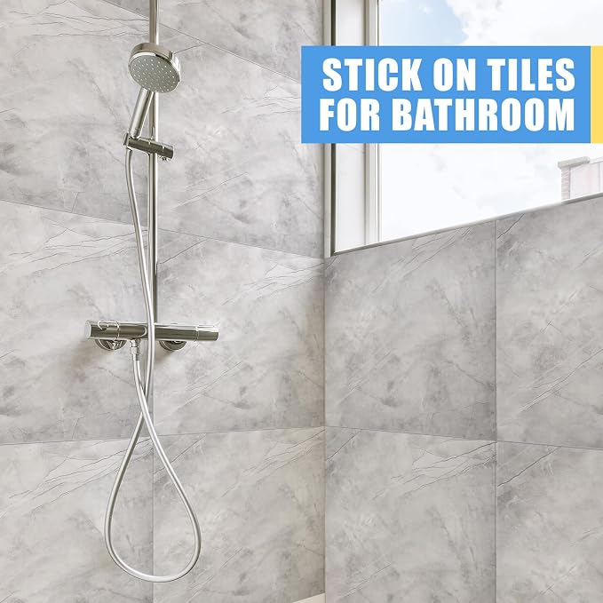 Nuanchu 72 Pcs Peel and Stick Shower Waterproof Tiles Wall Panels 12 x 12 Inch Self Adhesive Backsplash with Ruler Knife & 2 Scrapers for Washroom Bathroom Living Room, Not Real Tile (Grey Marble) - Image 5