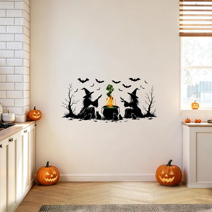 Halloween Witch Cauldron Wall Decals Peel and Stick, Spooky Potion Wall Stickers with Witch Hat Pumpkin, Removable Vinyl Halloween Wall Decor, Wall Art for Bedroom Living Room Party Decorations - Image 9