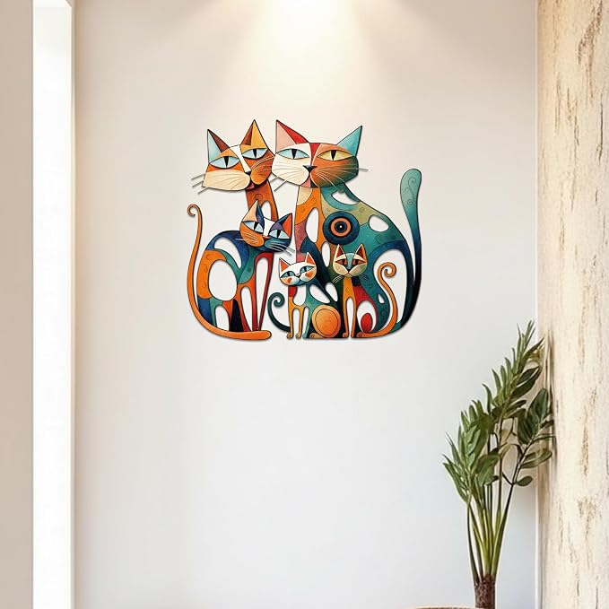 Wesiti Cat Wall Art Metal Decor 13.7x13 Inch Colorful Retro Mid Century | Iron Wall Sculpture, Cat Lover Gift, Bathroom Bedroom Kitchen Office Decor, Colorful Cat Pictures Artwork - Image 5