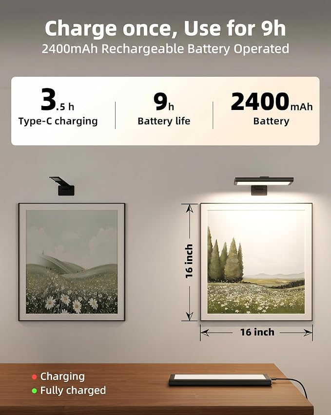 EZVALO Picture Light for Wall, Rechargeable 2400mAh Lights Wireless with IR Remote, 3 Color & Dimmable Magnetic 7.8'' LED Lights Display for Painting, Living Room, Gallery, Bedroom(Black-3P) - Image 3