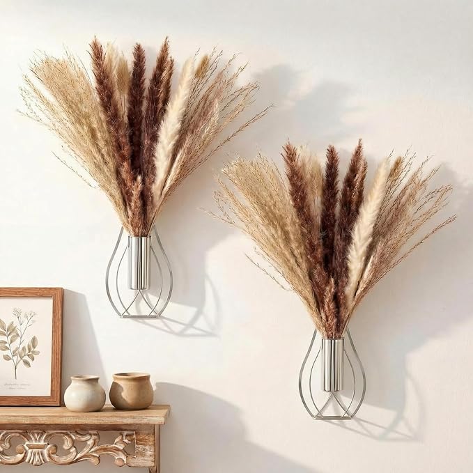 Otoolling Boho Wall Decor Set of 2 – Metal Hanging Wall Art with Faux Pampas or Eucalyptus,Minimalist Bohemian Accent for Living Room, Bedroom, Entryway(Silver,Pampas) by Otoolling
