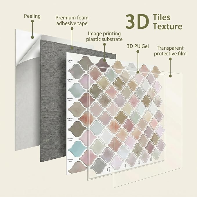 Arttown Peel and Stick 3D Wall Backsplash, 10-Sheet, 12" × 12" Moroccan | Subway Tiles Self Adhesive Thicker Design Wall Tile Panel Wallpaper for Kitchen Balcony Bathroom Rental Housing - Image 5