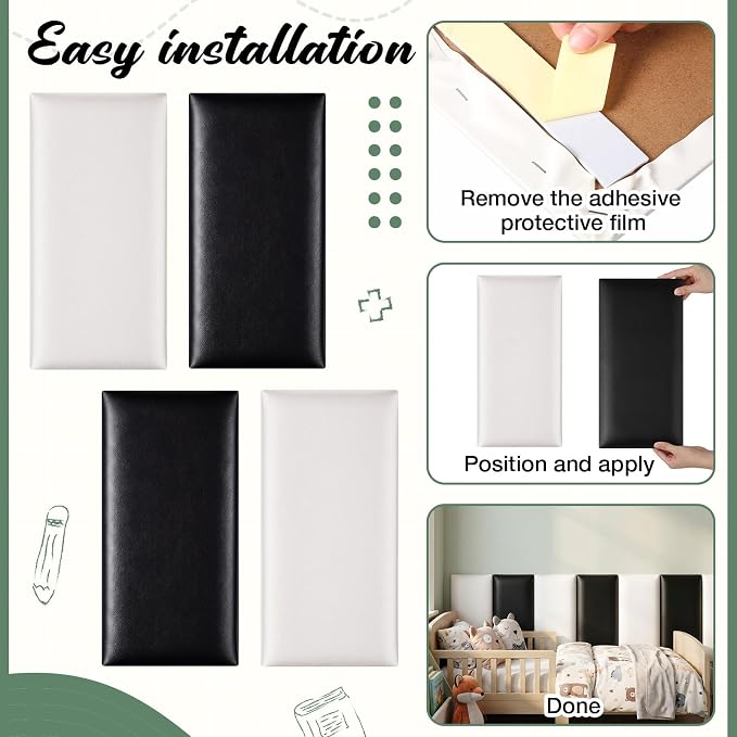 Hahafelt 6 Pack Wall Padding for Playroom Peel and Stick Headboard 15.7" × 7.9" × 1.2" 3D Anti Collision Upholstered Wall Panels Self Adhesive Headboard (Minimalist Black and White) - Image 5
