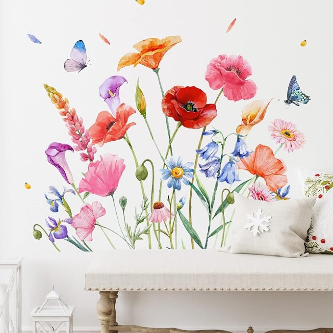Zonon 6 Pcs Flower Wall Decals Peel and Stick Sticker, Exquisite | Vinyl Removable Wall Stickers & Murals, Colorful Butterfly Wall Decals, Poppy Wildflower Decor for Bedroom, Living Room by Zonon