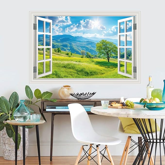 Fake Window Wall Sticker Summer Mountain Grassland Green Forest Tree Faux Window Poster Decal Picture Open Wall Art Decor, Stick and Peel Landscape Natural Scenery Sunshine Scene Mural,16"x24" - Image 8