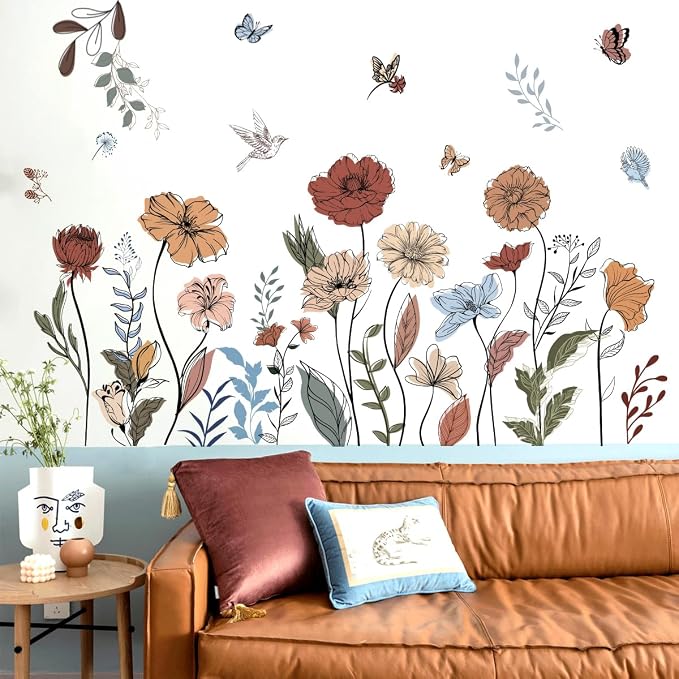 Boho Wildflower Wall Stickers Peel and Stick Floral Wall Decals for Girls Bedroom Living Room Nursery & TV Wall Decor by MagiMural