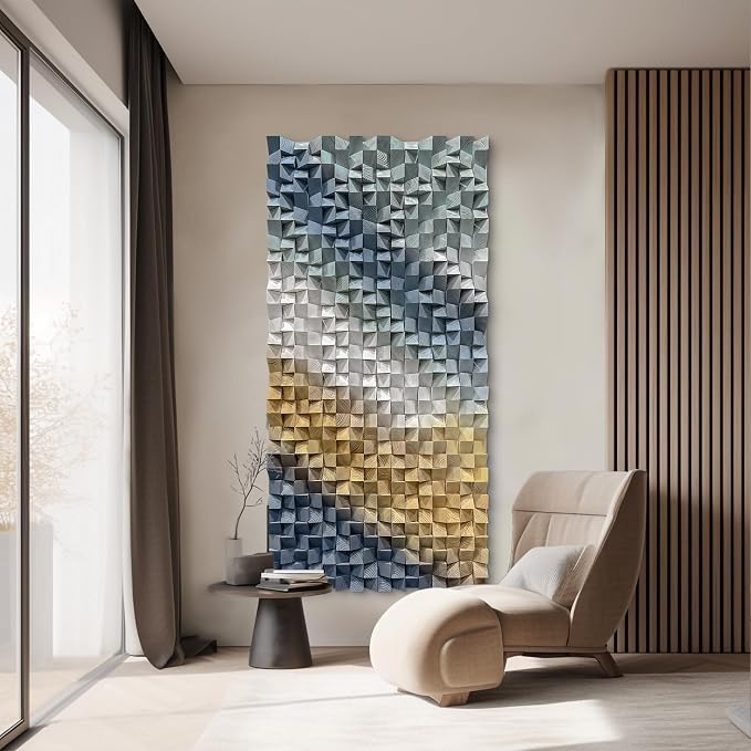 LIUZEYUE Abstract Pine Wall Sculpture Featuring Gradient Pine Composition | large wood wall art; navy and cream, shadow-casting block depth; living room wide sofa backdrop; 35.4 x 70.9 in - Image 8