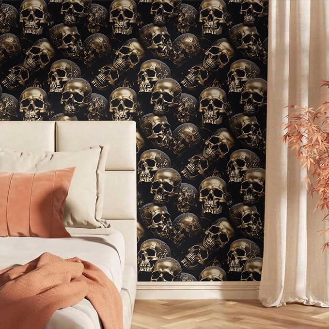 18"x236" Black Gold Creative Gothic Skull Peel and Stick Self Adhesive Wallpaper Removable Contact Paper Stick on Easy Peel Off Wall Paper for Kitchen Bedroom Bathroom Renter - Image 2
