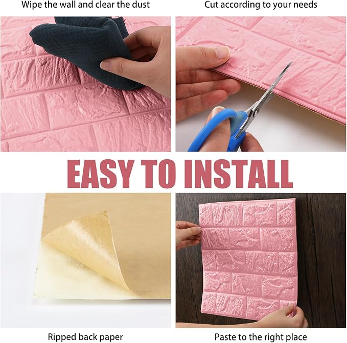 Tinlade 30 Pcs 3D Wall Panels Peel and Stick Wallpaper Foam, Elegant Pink | Faux Brick Stone Tiles, Covering 28.8-48.4 Sq ft, Self Adhesive Waterproof Panels for Bedroom Living Room Kitchen Walls - Image 3