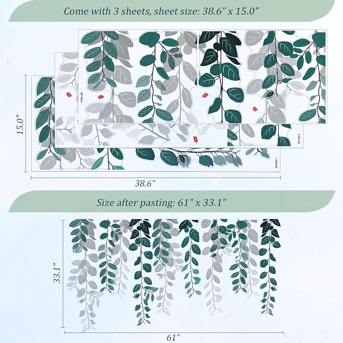 Green Hanging String of Eucalyptus Wall Decals Peel and Stick, Large Plants Leaf Vinyl Wall Stickers, Removable Vine Home Decor Art for Bedroom Living Room Classroom Office - Image 2