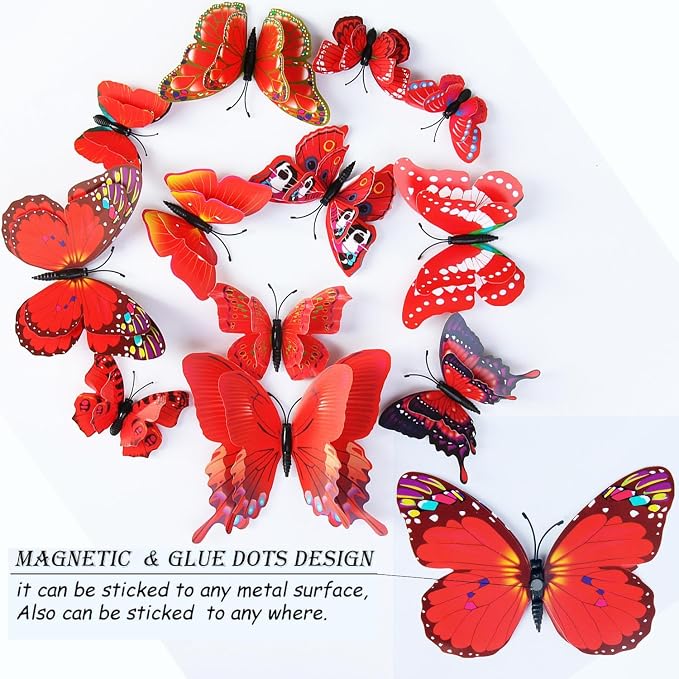 OPSEAM 3D Butterfly Wall Decor Butterfly Decorations Stickers with Magnets | 24 PCS Red,12 Styles Double Layer Butterfly for Classroom Decoration,Locker Refrigerator, Reusable,Waterproof - Image 5