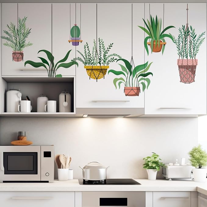Green Hanging Potted Plant Vine Wall Decals - Peel and Stick, Leaf Shelf Wall Stickers, Boho Art Decor - for The Living Room, Bedroom, and Office - Image 3