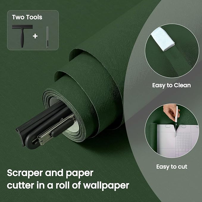 Dark Green Peel and Stick Wallpaper Removable Silk Texture Contact Paper | 15.7" X 196.8" Removable Self Adhesive Textured Wallpaper Covering for Bedroom with Scraper, Paper Cutter - Image 3