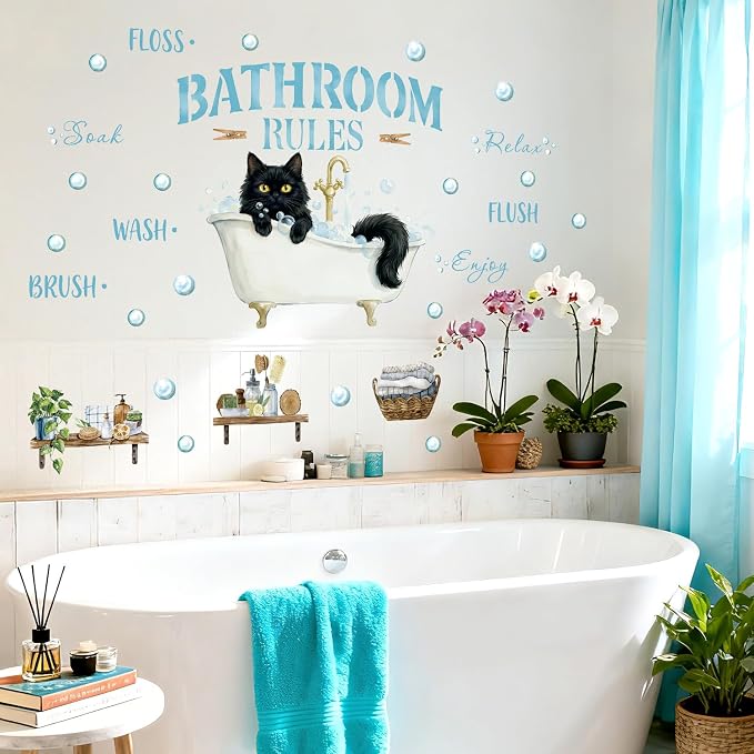 LHIUEM Cat Bathroom Wall Decals,Funny Black Cat Wall Stickers,Watercolor Bubble Wallpaper,Cute Cat in Tub Murals,Bathroom Rules Pictures,Peel and Stick for Restroom Home Kids Room - Image 4