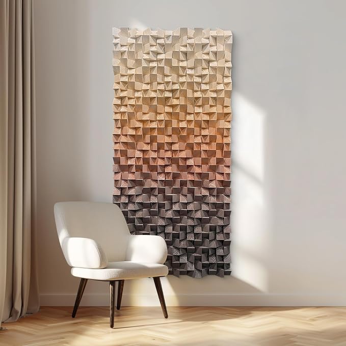 LIUZEYUE Large Textured Wood Wall Art Featuring Organic Cube Texture | textured wall art for hotel lobby; sand and dark brown, wood relief depth; hotel lobby neutral-tone backdrop; 35.4 x 70.9 in by Unknown