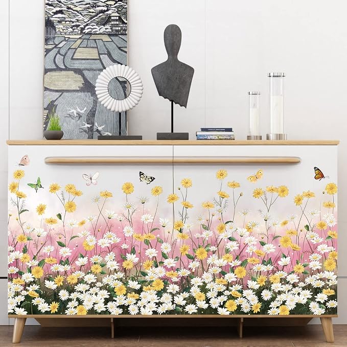 2 Sheets Yellow Daisies Flowers Wall Decals Small Fresh White Chrysanthemum Wall Stickers Pink Gypsophila Wall Art Murals for Baby Kids Girls Bedroom Living Room Corners Skirting Lines Waist Lines - Image 4