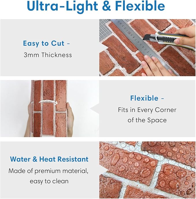 COMSTICKC 3D Faux Brick Wall Panels Peel and Stick, 10 Pcs 11.8" x 11.8" | Red, Not Real Brick, Small Size, Ultra-Light Thin PVC Sticker, Fake Brick Decorative Tiles for DIY Decor, Cover 9.7 sq ft - Image 5