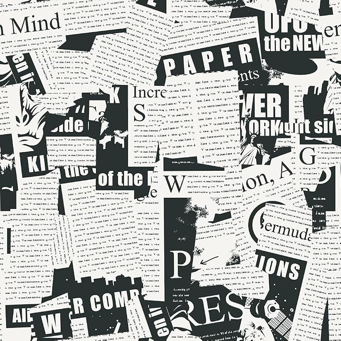 Black and White Vintage Newspaper Script News Modern Peel and Stick Wallpaper Wall Decor Self Adhesive Wall Paper Stick on Easy Peel Off Contact Paper for Renter Bedroom Apartment by VistaPalette