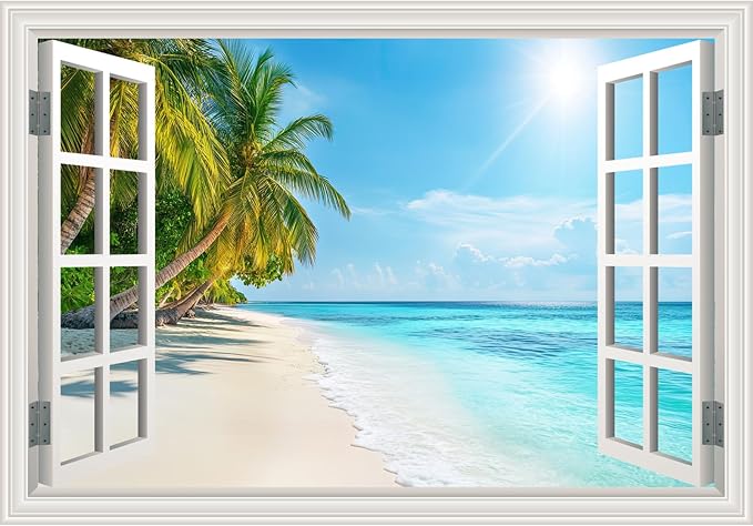 Fake Window Wall Decal- Summer Beach Ocean Tropical Coconut Tree Art Mural | Faux Window Natural Scenery Landscape Sticker｜ Stick and Peel Wall Decals｜Room Bedroom Office Decor｜48"x32",Set of 2 Sheets by Clickhere