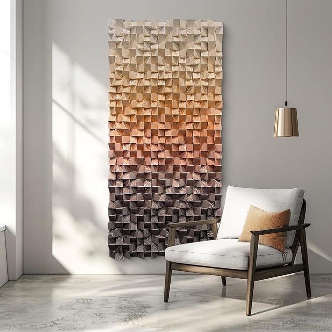 LIUZEYUE Wooden Block Wall Art with Natural Tonal Blockwork, Pine Texture | wall decor for large living rooms; ivory and copper, broad wall coverage; dining room alcove statement art; 31.5 x 63 in - Image 8