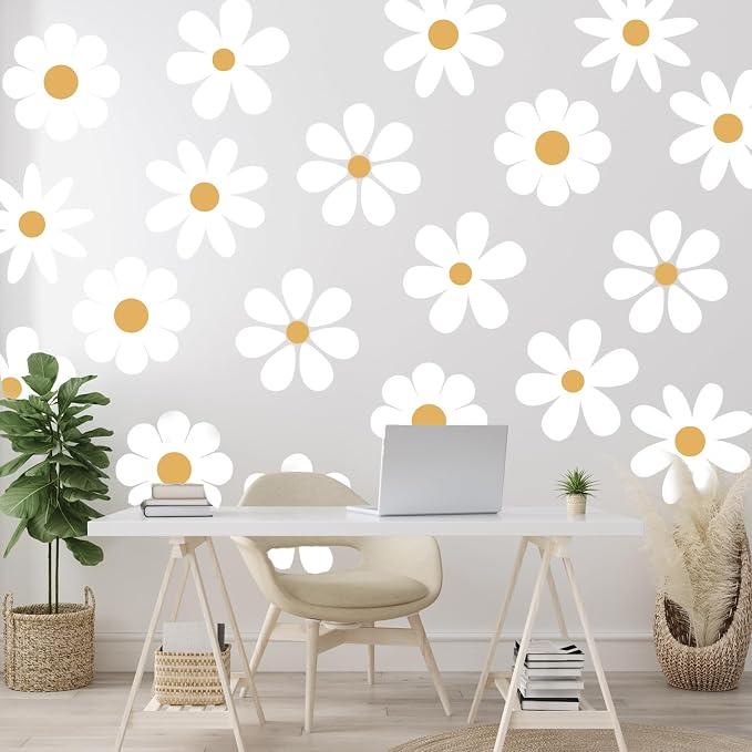 TaoBary 12 Sheet Daisy Wall Sticker Decal,White, Yellow,Novelty Style | Big Flower Wall Sticker, Pink White Floral Decal, Daisy Bedroom Room Decor, Removable Peel and Stick, Nursery Home Wall Decor - Image 7