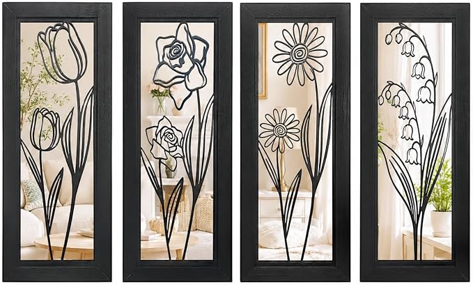 ZEXUIRU 4 Set Rustic Wall Mirrors for Bedroom Bathroom Living Room Entryway Wood Farmhouse Rectangular Easy to Hang Framed Decorative Accent Hanging Wall-Mounted Mirror Set for Living Room - Black by ZEXUIRU