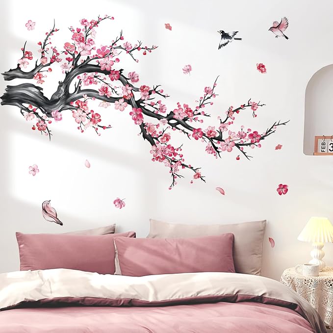 decalmile Pink Flower Branch Blossom Floral Tree Wall Decals Stickers - Image 3