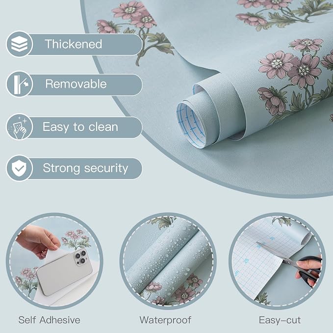 Toduso Peel and Stick Wallpaper Blue Wallpaper with Pink Floral Vintage Contact Paper Flower Removable Self Adhesive Waterproof Wall Paper for Farmhouse Bedroom Bathroom Living Room 17.3''x196.8'' - Image 7