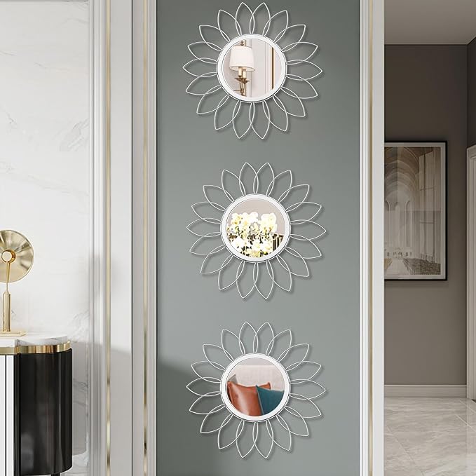 3 Pack Metal Mirrors for Wall Sunburst Wall Mirrors Home Décor Decorative Hanging Wall Art for Living Room Bedroom Entryway (Silver, Flowers) - Image 5