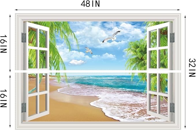 Fake Window Wall Murals Peel and Stick - Beach View Window Wall Art Decal Poster for Living Room - Window Posters for Wall Office - Removable Wall Stickers for Bedroom Decor 48" x 32" Set of 2 Sheets - Image 6