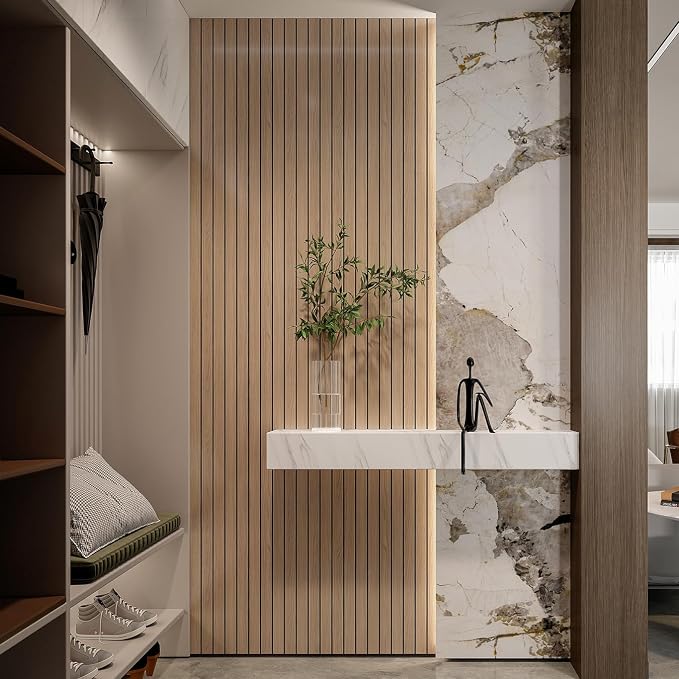 YLL YLL PVC Slat Wall Panel Peel and Stick 236"x 15.7" Faux Oak Grain Wood Slat Panel Self-Adhesive Wallpaper Soundproof 3D Wall Panels - Image 2