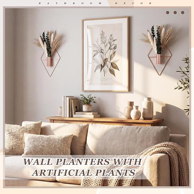 Canlierr 4 Pcs Rose Gold Wall Decor Hanging Planters with Artificial Plants Eucalyptus Pampas Grass Metal Hanging Vase Indoor Plants Holder Modern Boho Wall Art for Bathroom Bedroom Living Room Decor - Image 4