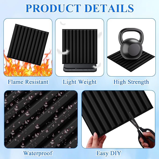 Nuanchu 90 Pcs 3D Wall Panels, 12"x12" PVC Fluted Tiles, Black | Waterproof Accent Panels, Paintable Wall Tiles, for TV Background, Bedroom, Bathroom, Gaming Room, Cuttable Home DIY Decor - Image 3