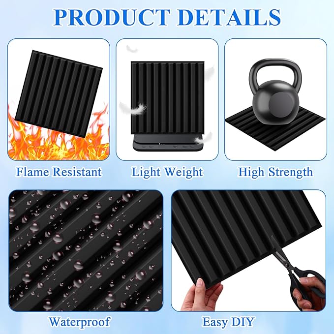 Nuanchu 60 Pcs 3D Wall Panels, 12"x12" PVC Fluted Tiles, Black | Waterproof Accent Panels, Paintable Wall Tiles, for TV Background, Bedroom, Bathroom, Gaming Room, Cuttable Home DIY Decor - Image 4