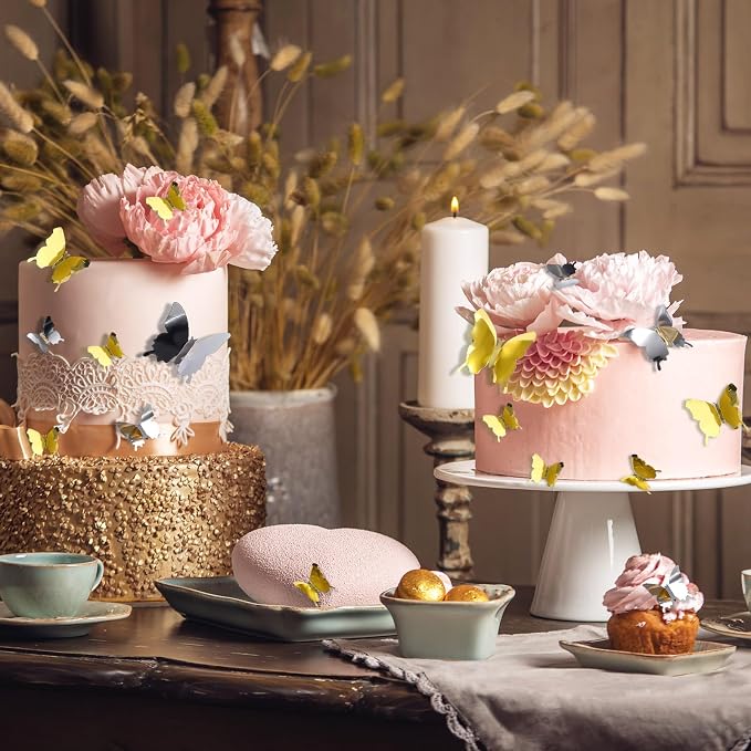 BBTO 48 Pcs 3D Butterfly Mirror Wall Decor,Gold,Silver | Butterfly Stickers,3 Sizes,for Birthday Party Cake,Room Nursery Bathroom Wall Decor,Removable Peel Stick,Reflective - Image 2