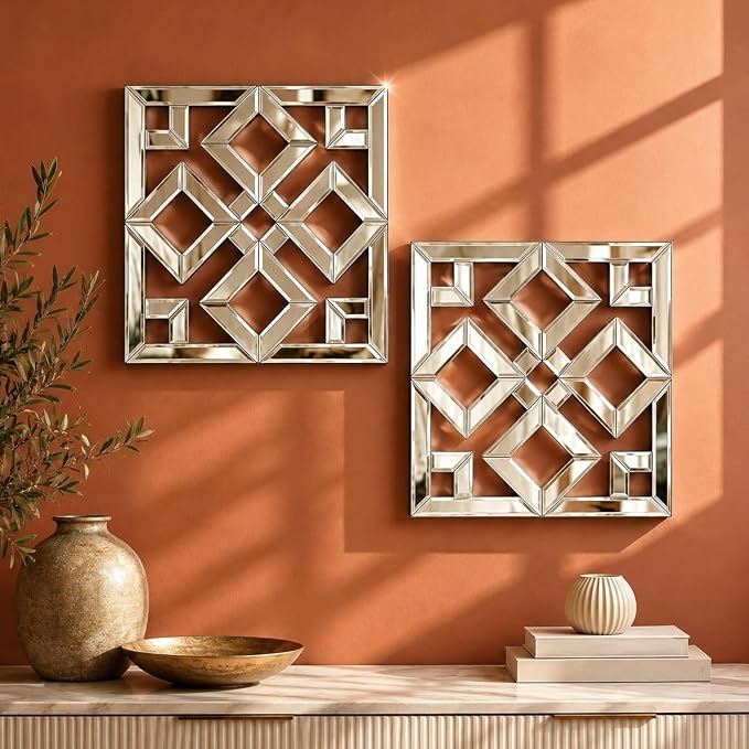 Square Decorative Wall Mirror 12 x 12 Inch, Silver Frameless Mirror Wall Decor with Beveled Edge, Modern Wall Mounted Accent Mirror for Living Room, Bedroom, Hallway, Set of 2 by OPULINEA