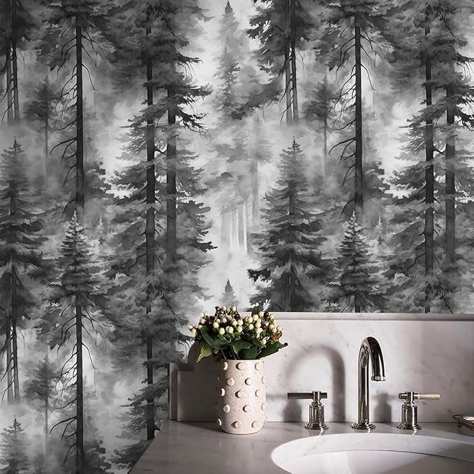 HAOKHOME Forest Wallpaper Peel and Stick Black White Mural 17.3in x 32.8ft | Extra Long Self Adhesive Wall Paper Tree Landscape Mountain Botanical Textured Removable Waterproof for Bathroom Bedroom - Image 2