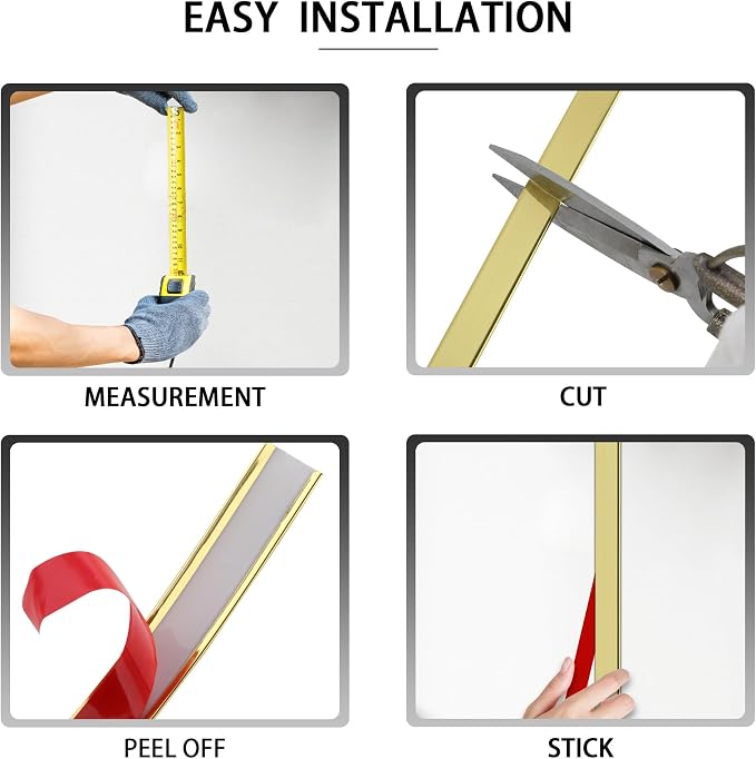 QDYMXUN Glossy Gold Peel and Stick PVC Molding Trim, Flexible DIY Wall Accent Strip for Mirror Frame, Cabinet, Edges & Borders and Tiles (197"L x 1.6"W) - Image 4