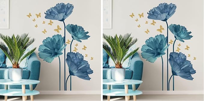 Runtoo Large Blue Flower Wall Decals Butterfly Floral Wall Stickers Backdrop for Living Room Bedroom Bathroom Wall Decor (Pack of 2) by Runtoo