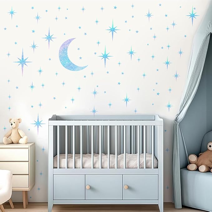 Retro Star Moon Wall Decals Sparkle Art Stickers Mid Century Modern Decor | Blue star and moon decor, peel and stick, removable vinyl art murals wallpaper, for ceiling baby boy girl bedroom living room - Image 7