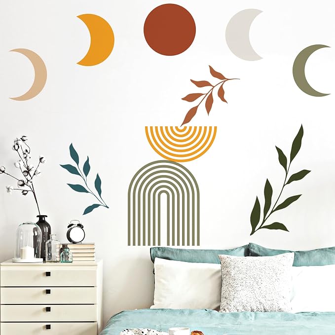 Boho Mid-Century Sun and Moon Wall Decals Peel and Stick, Large Arch Vinyl Wall Stickers, Removable Leaves Home Decor Art for Bedroom Living Room Classroom Office - Image 6
