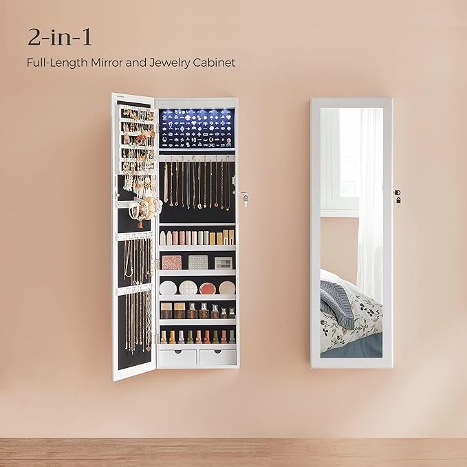 SONGMICS 6 LEDs Mirror Jewelry Cabinet, 47.2-Inch Tall Lockable Wall or Door Mounted Jewelry Armoire Organizer with Mirror, 2 Drawers, 3.9 x 14.6 x 47.2 Inches, White UJJC93W - Image 3