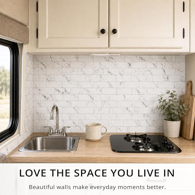StyloVue 100 Pieces Peel and Stick Backsplash for Kitchen, 3" x 6" PVC Subway Tile, 2026 Upgraded Volakas White Marble, Stick on Wall Tile for Kitchen, Bathroom, Fireplace, RV - Image 8