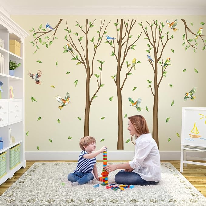 Family Tree Wall Sticker Green Leaf Birds Wall Art Decor Large Tree Branch Wall Decal Peel and Stick Woodland Animals Wall Sticker for Bedroom - Image 3